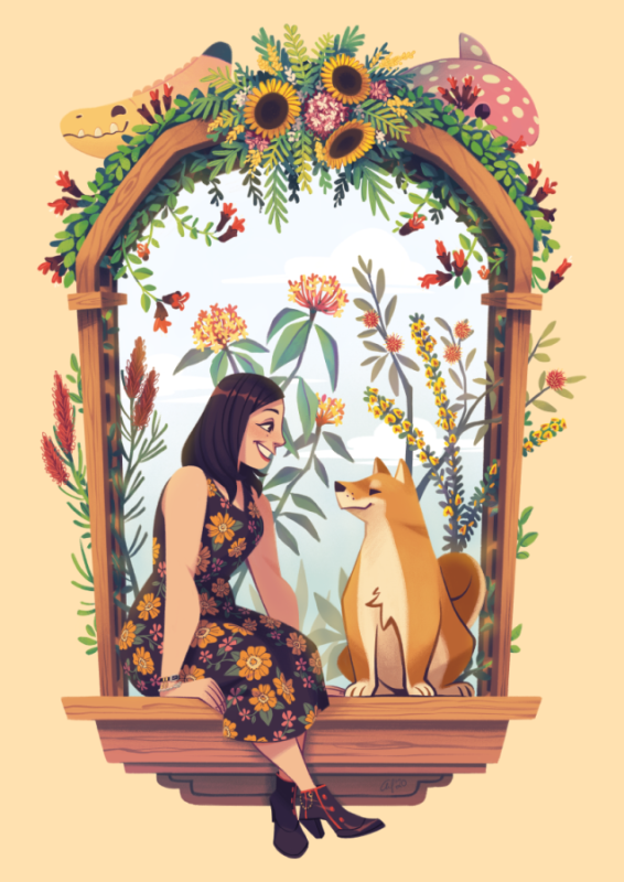An illustration I made in her memory in 2020. It features her dog Haru, some of her plushies, and various native flowers from both Singapore and Australia. I drew her wearing one of her floral dresses, her DGM bracelet, and the DGM apparel boots that she really wanted to buy when they came out but was unable to purchase because they ran sizes too small.